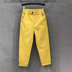 Hnewly Solid Casual Jeans For Summer/Autumn 2025 New Loose Versatile Harlan Pants Fashion Elastic Waist Buttons  Ankle-Length Pants