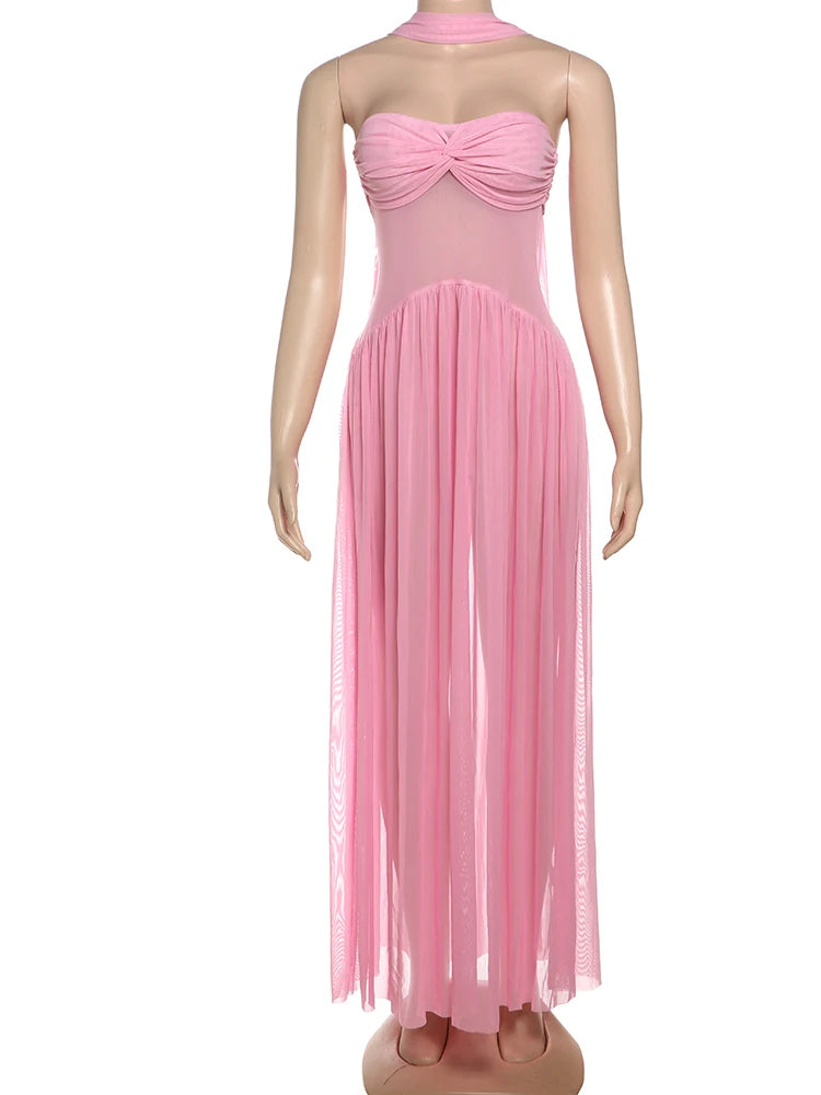 Hnewly Mesh Patchwork Maxi Dress Women Solid Scarf+Sexy Backless Strapless Ruffles Midnight Banquet Party Elegant Outfits
