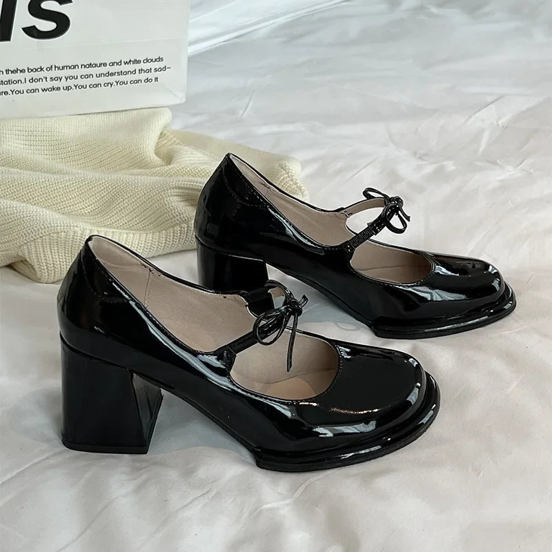 Hnewly New Fashion Bowknot Shallow Soft Sole Dress Shoes for Women High Heeled Mary Jane Single Shoes Ladies Thick Heel Ballet Shoes