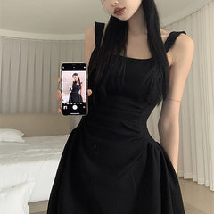 Hnewly  Elegant Black Dress Vest Style Women's Summer New Hepburn Waist Cinching Slimming High Waist A-Line Skirt Cotton Blend Dress