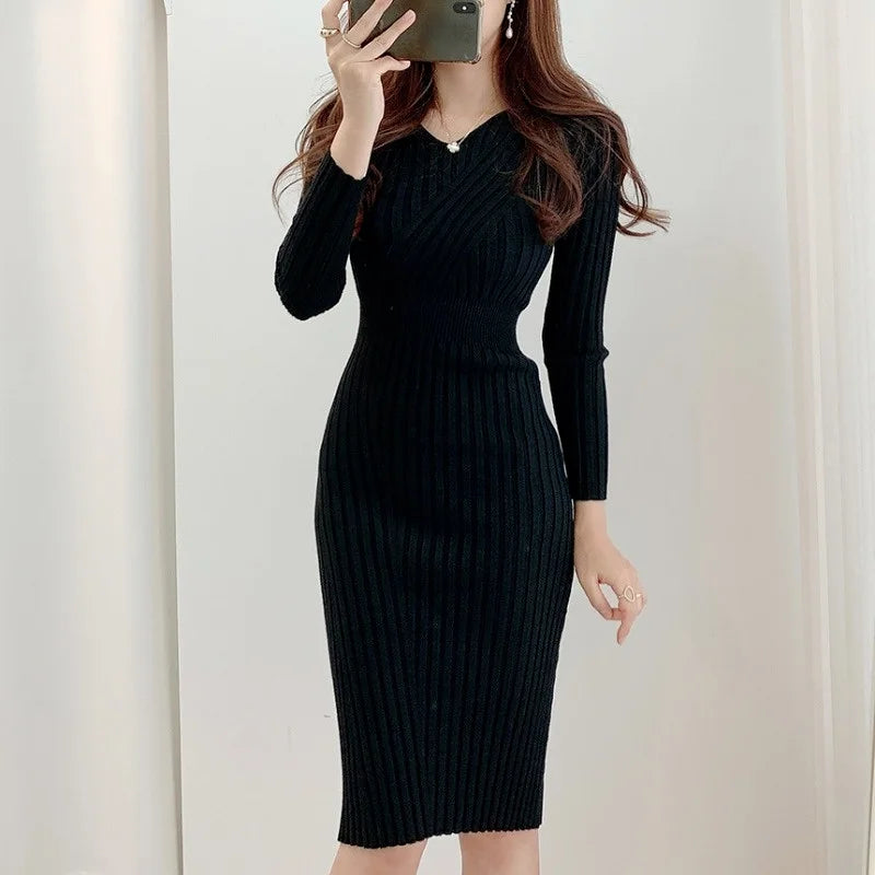Hnewly Vintage Long Sleeve Knitted Dresses for Women Party Robe Female Autumn Retro V-neck Bodycon Dress Korean Slim Waist Vestido