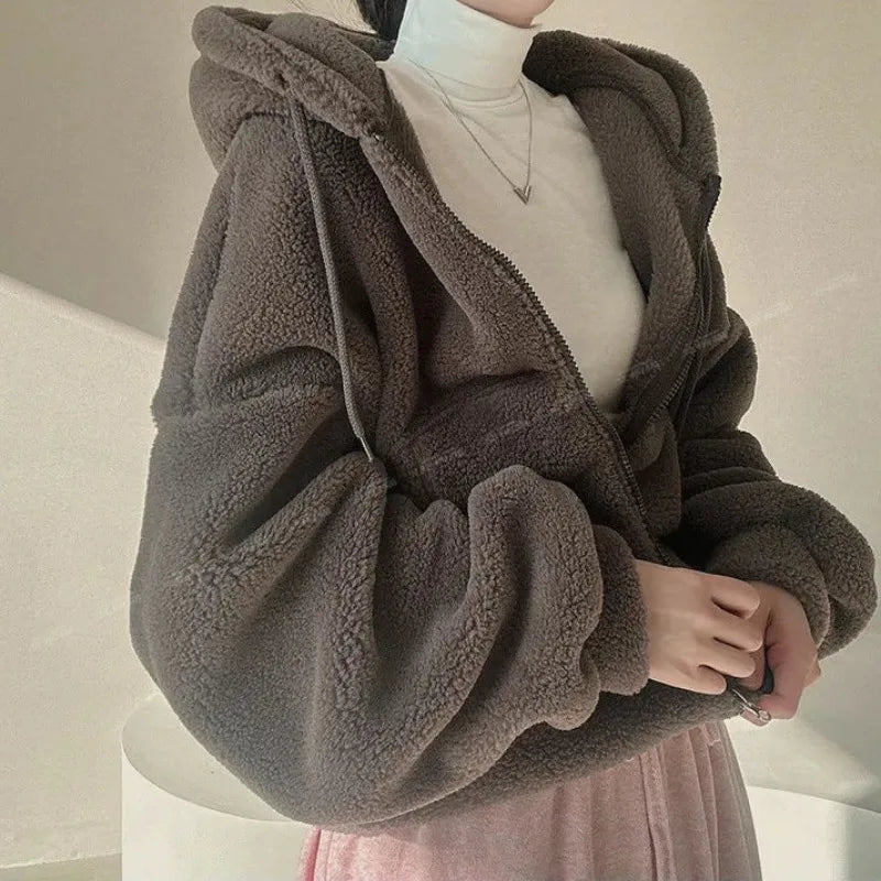 Hnewly Hooded Hoodies Women Winter Thicker Coats Solid Korean Style Zipper Lambswool Jackets Soft Streetwear Loose Harajuku Chic Girl