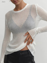 Hnewly   Sexy Thin Knit Sweater Women Solid Color Basic Pullover Top Casual Cozy Long Sleeve T-shirts 2023 Spring Summer New