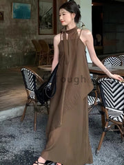 Hnewly Korean Fashion Loose O Neck 2 Piece Set Women Elegant Casual Solid Sleeveless Off Shoulder Top + High Waist Thin Dress 2024 New