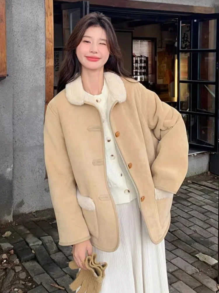 Hnewly  Women Faux Lamb Suede Jacket Winter Warm Long Sleeve Sweet Cotton Coat Korean Pockets Female Thick Vintage Outwear Tops
