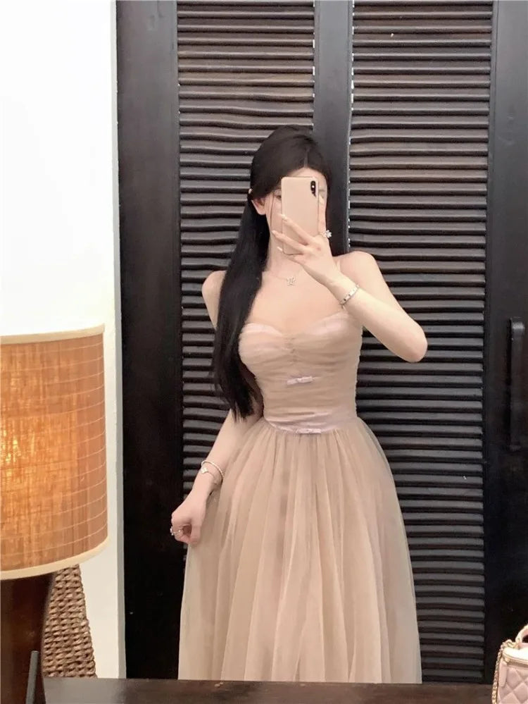 Hnewly  Woman Dress Bow Sleeveless Slash Neck Mesh Patchwork Princess Sweet Elegant Summer Fashion Party Dresses Female