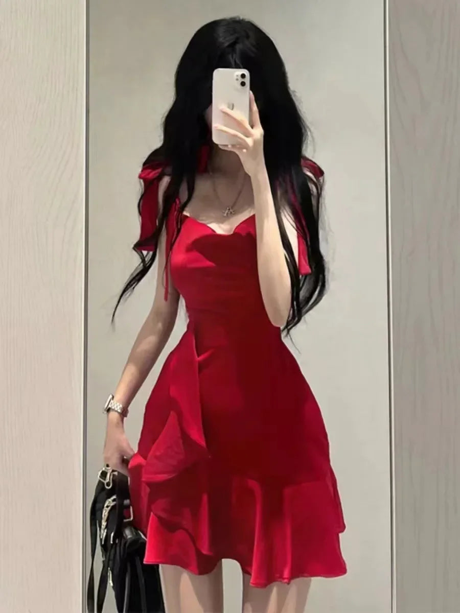 Hnewly Summer New Style Pure Lust Hot Girl Red Suspender Dress Female Design Niche Temperament Waist Slimming Short Skirt