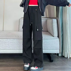 Hnewly  Summer High Waist Solid Cargo Pants Women Y2K Drawstring Pocket Straight Pants Woman Fashion Simple Wide-Leg Trousers Mujer