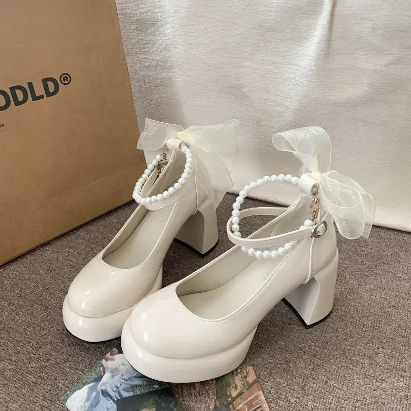 Hnewly Mary Jane Shoes Women's Spring New Ultra-high Heel Pearl Chain with Platform Block Heel Wedding Shoes Lolita Shoes