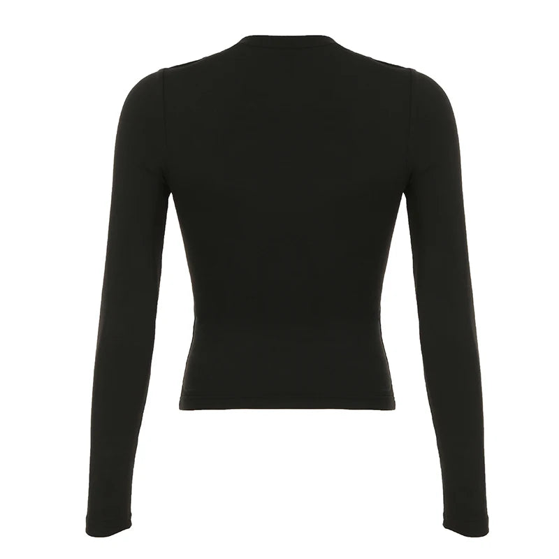 Hnewly rave inspo outfits Darkly Punk Cothic Women Long Sleeve T-Shirt Patchwork Chic Fabric Cut Out O-Neck Top Tees Slim Sexy Solid Tops