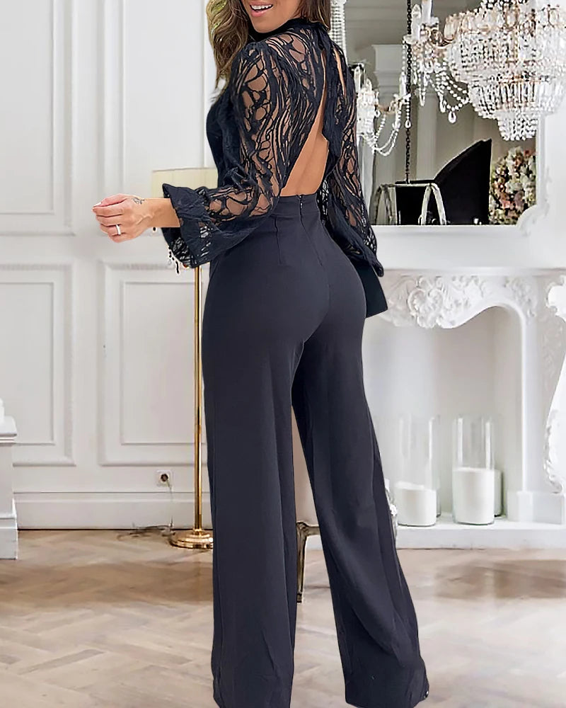 Hnewly 2025 Spring Contrast Lace Stand Collar Tied Detail Backless Lantern Sleeve Elegant Jumpsuit