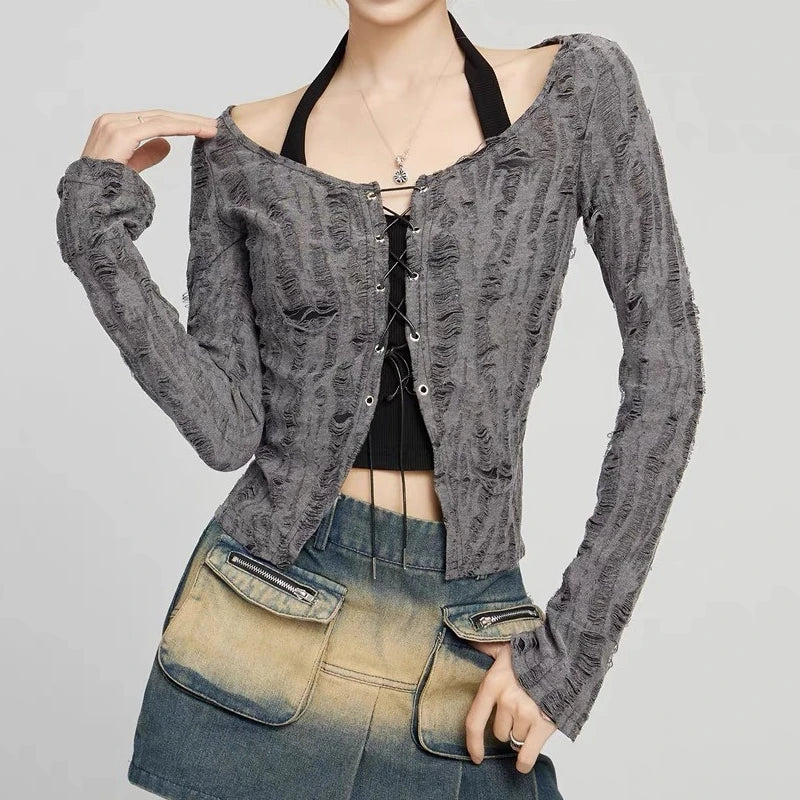 Hnewly  Destressed Two Piece Set Lace-up Cardigan with Cami Women's Y2K Grunge Crop Long Sleeve Criss Cross Knit Tops Acubi Outfit