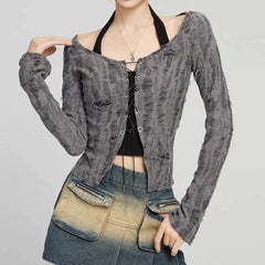 Hnewly  Destressed Two Piece Set Lace-up Cardigan with Cami Women's Y2K Grunge Crop Long Sleeve Criss Cross Knit Tops Acubi Outfit