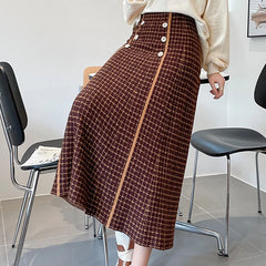 Hnewly  Elegant Mix Color Plaid Skirts Women Fashion Button Knitted Skirts for Woman Spring Autumn High Waist A-Line Skirt Female