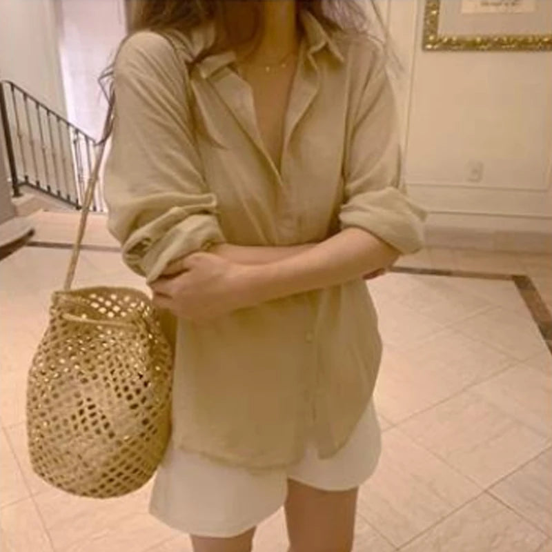 Hnewly Long Sleeve Apricot Shirt Women Рубашка Женская Spring All-match Simple Basic Korean Fashion New Design Cozy Casual Ins Hot Sale