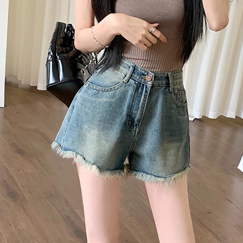 Hnewly y2k Denim Shorts Women Summer High Waist Wide Leg Loose Fit Tassel Jean Shorts with Pockets 2000s Hot Pants Streetwear