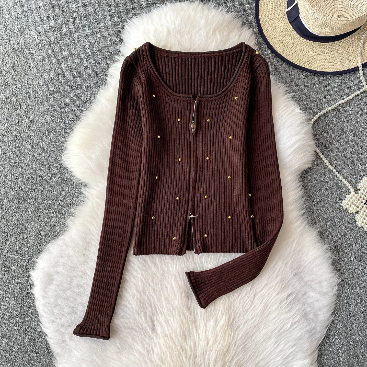 Hnewly  Beading Knitted Striped Zippered Sweater Cardigan Women's Spring Autumn O-Neck Top New Loose Harajuku Long Sleeved Outwear