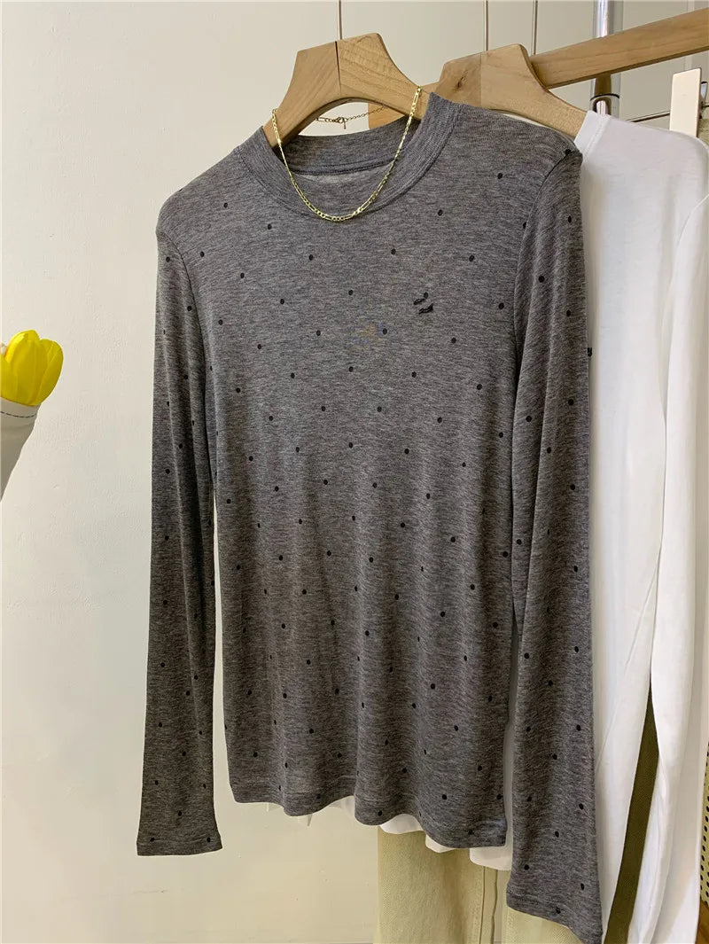 Hnewly  O-neck Polka Dot Long Sleeved T-shirt Spring/Summer New Women's Loose Versatile Bottoming Shirt Korean Commuter Cotton Top