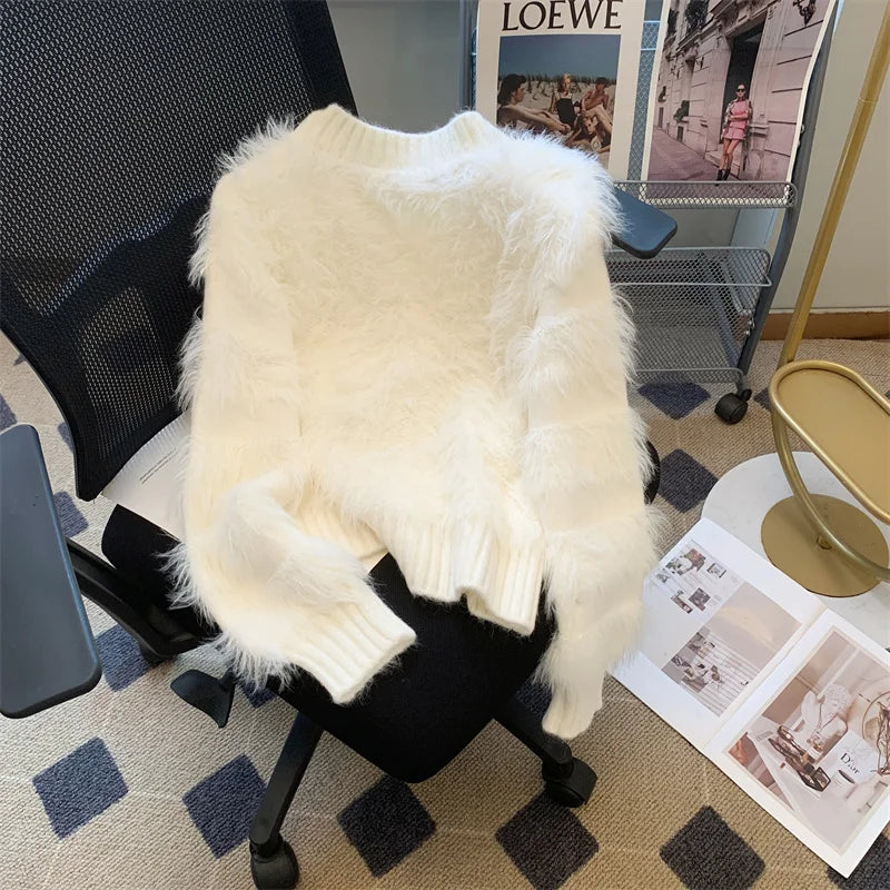 Hnewly  Imitate Mink Sweater for Women's Spring Autumn New Loose Long Sleeved Pullover Knitted Top Korean Slim V-neck Short Sweaters