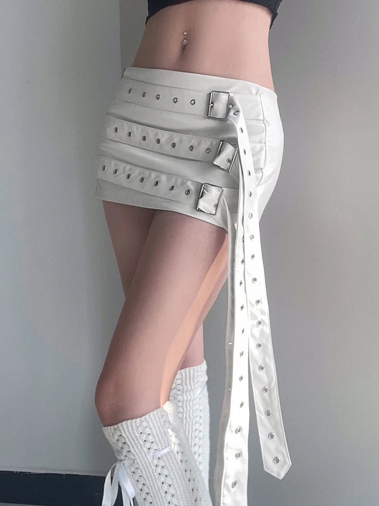 Hnewly Sexy Solid Pu Leather Belts Bodycon Skirt Y2K Slim Low-Waisted Super Mini Skirts Women Summer Fashion Streetwear