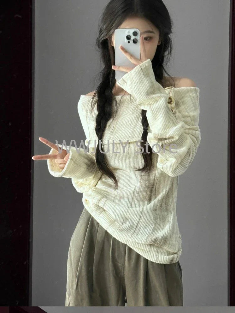 Hnewly Y2k Off Shoulder Women Sweater Korean Style Long Sleeve Knit Pullovers Harajuku Slash Neck Jerseys Slim Autumn Vintage