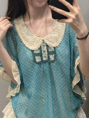 Hnewly  Summer Y2k Aesthetic Two Pieces Set Wave Point Women Doll Collar Patchwork T-shirt + Lace Ruffled Sweet Mini Skirts Grunge Suit