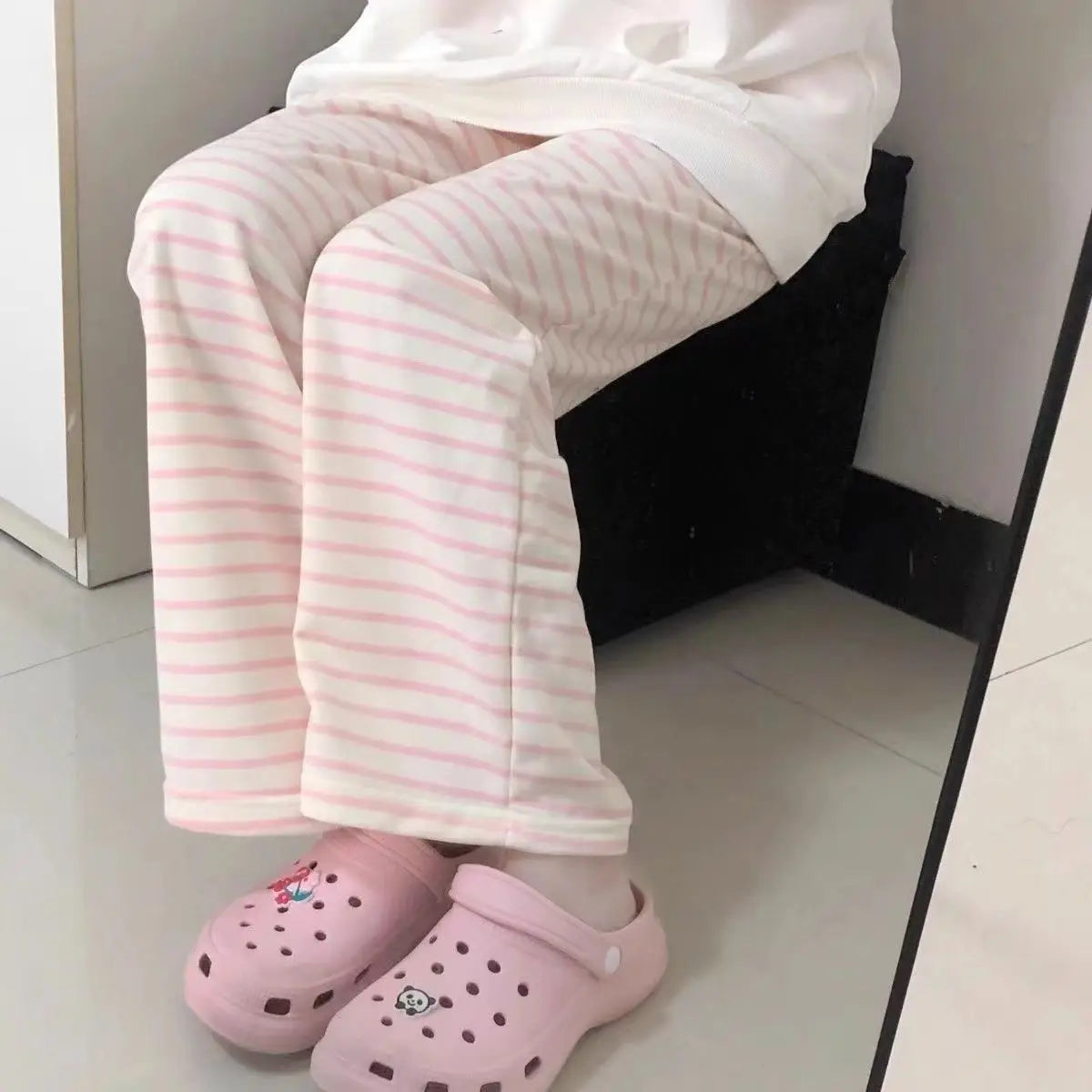 Hnewly  Y2K Striped Sweatpants Women Harajuku Kawaii Sweet Fleece Sports Pants Korean Fashion Cute Girly Basic Trousers