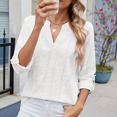 Hnewly  Women's Casual Three-quarter Sleeve T-shirt V-neck Cut-out Solid Color Top with Cufflinks Versatile Commuter T-shirt