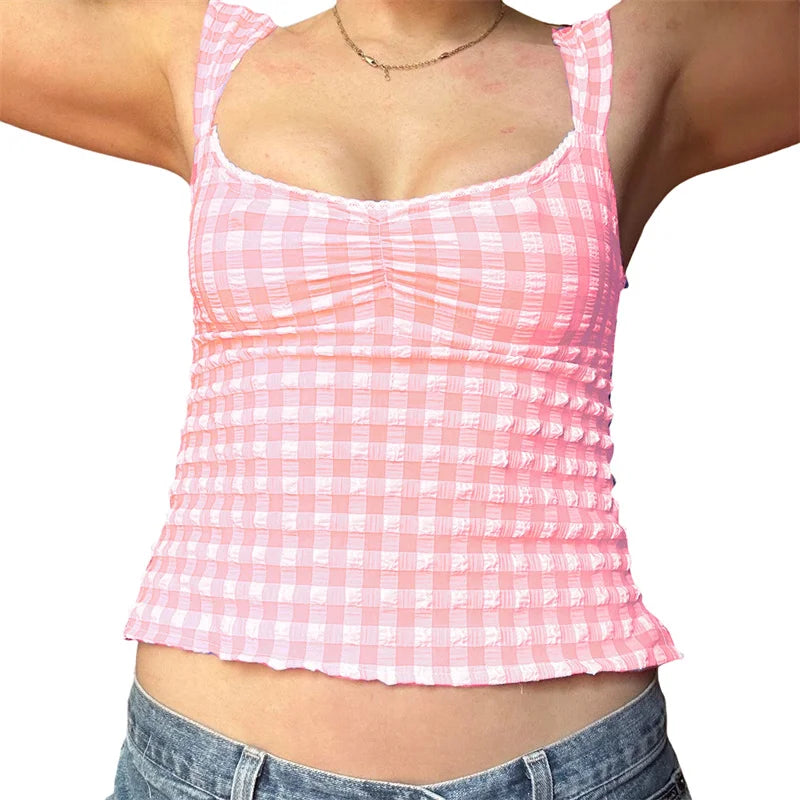 Hnewly y2k Tops for Women Summer Fairycore Clothing Plaid Print Lace Trim Sleeveless Tanks T Shirts 2000s Clothing Streetwear