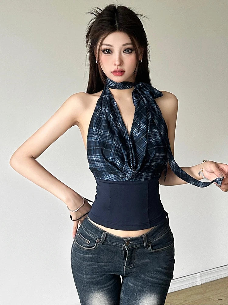 Hnewly Korean Fashion Sleeveless Tank Tops Women Vintage Plaid Y2k Crop Top Female Casual Outdoors Backless Blouse Chic Streetwear