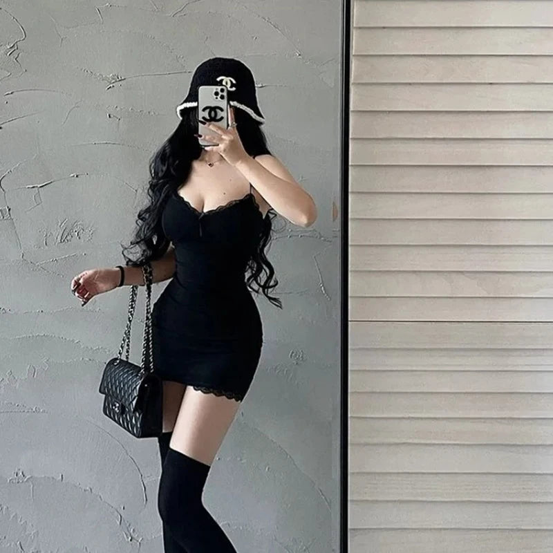 Hnewly Hot Girl Lace Suspender Dress for Women Spring and Summer with Breast Pads Sexy Slim Elegant Low Collar Bottoming Hip Skirt