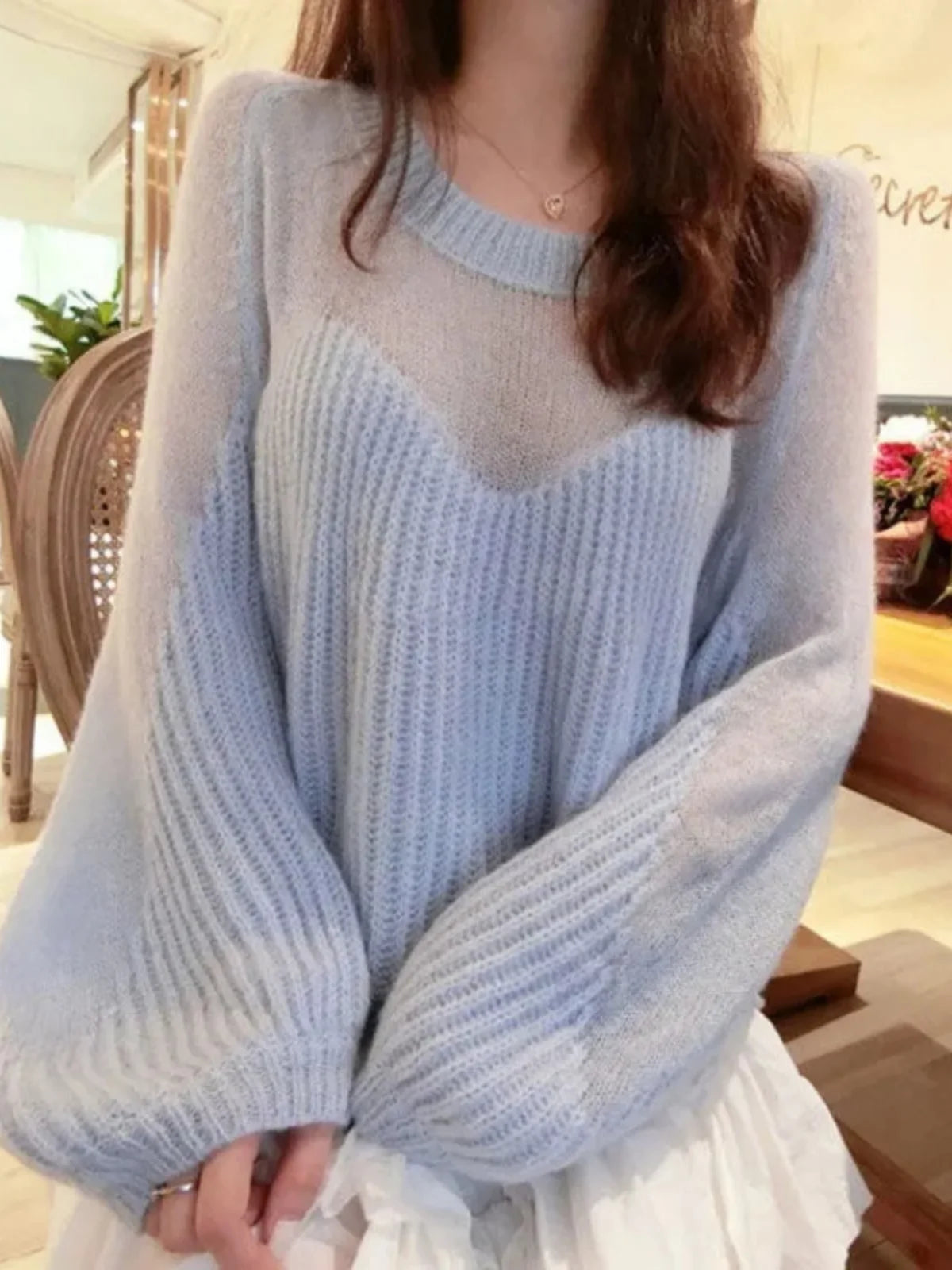 Hnewly  Semi Sheer Mohair Knit Sweater for Women See-through Bell Sleeve Crewnek Pullover Women Spring Autumn Teen-girl Faircore Outfit