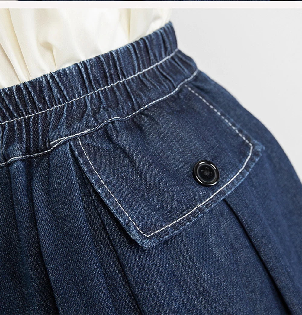 Hnewly M-5XL Oversize Denim Skirt Women's New Elastic High Waisted A-line Loose Fit Retro Knee-length Skirt with Built-in Safety Shorts