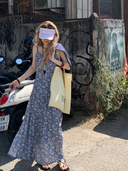Hnewly  plus Size Beach Vacation Style Blue Floral Long Skirt Summer  Slimming Fairy Tale Dress Sweet Japanese Style A-Line Dress
