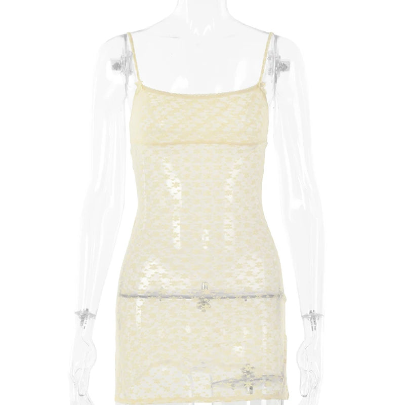 Hnewly  Fairycore Sexy Mesh Floral Spaghetti Strap Mini Tank Dress New Holiday Beach Off-shoulder Backless Slim Fit Casual Sundress