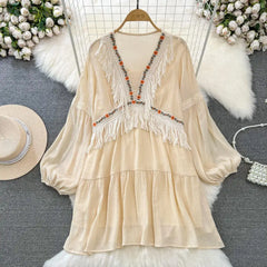 Hnewly  Tassel Patchwork V-neck Vacation Dress Sweet Lantern Sleeves Loose Mid Length A-line Dresses Elegant Embroidery Beach Vestido