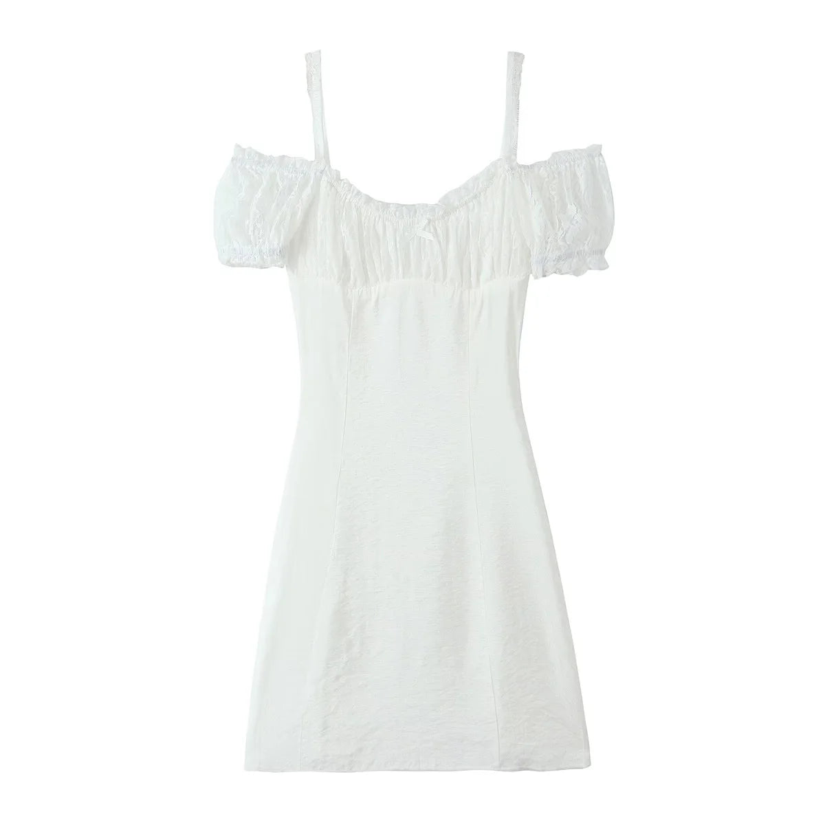 Hnewly  Sweet White Ruched Chest Spliced Lace Short Sleeve Mini Dress Women Bow Sashes Back Sling Strap Mini Dresses Party Robe