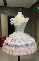 Hnewly  Lolita Blue Pink Dress for Women Summer New Sweet Elegant Lace Bow Girls Short Suspenders Dress Jsk Princess Dress Vestidos