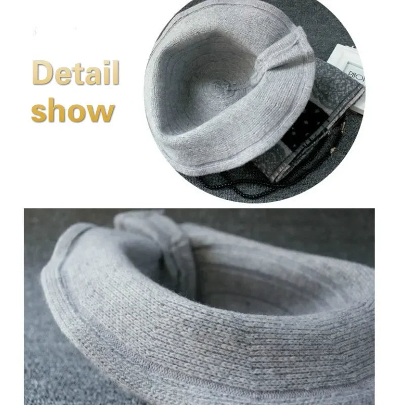 Hnewly Vintage Wool Bucket Hats Women Fashion Bows Basin Fisherman Hat Winter Black Coffee Dark Camel Hat Ladies Head Accessories