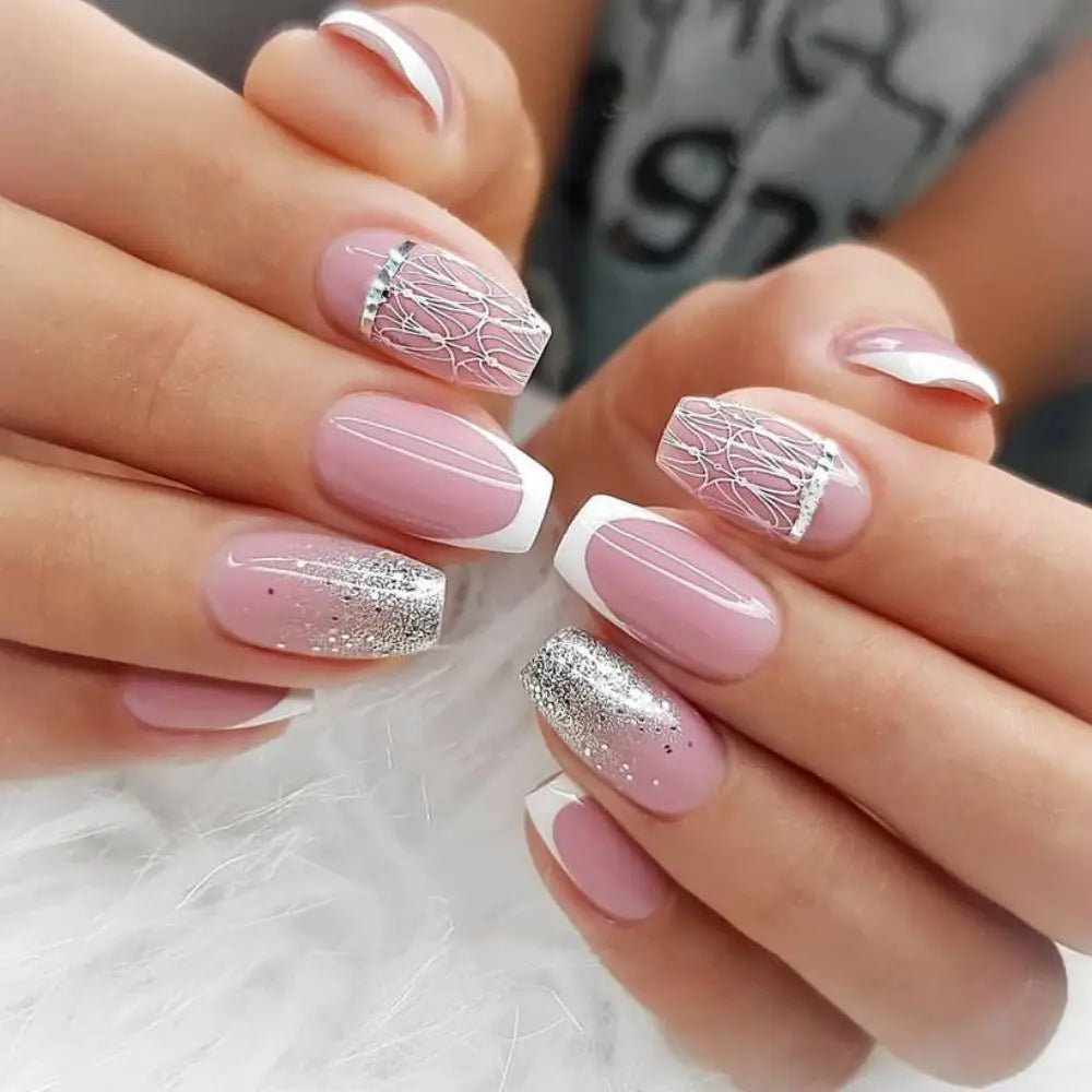 Hnewly 24Pcs Press On Nails Simple French Colorful Wavy Abstract Line Fake Nails Full Cover Nail Art Tips Coffin Square Head False Nail