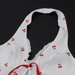 Hnewly  Sleeveless Printed Halterneck V-neck Crop Top Backless Cherry Print Bow Slim Fit Crop Top