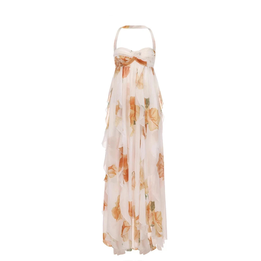 Hnewly  Boho Floral Maternity Photoshoot Dress Beach Chiffon Maxi Gown Halter Pregnancy Outfit Summer Baby Shower Photography Boutique