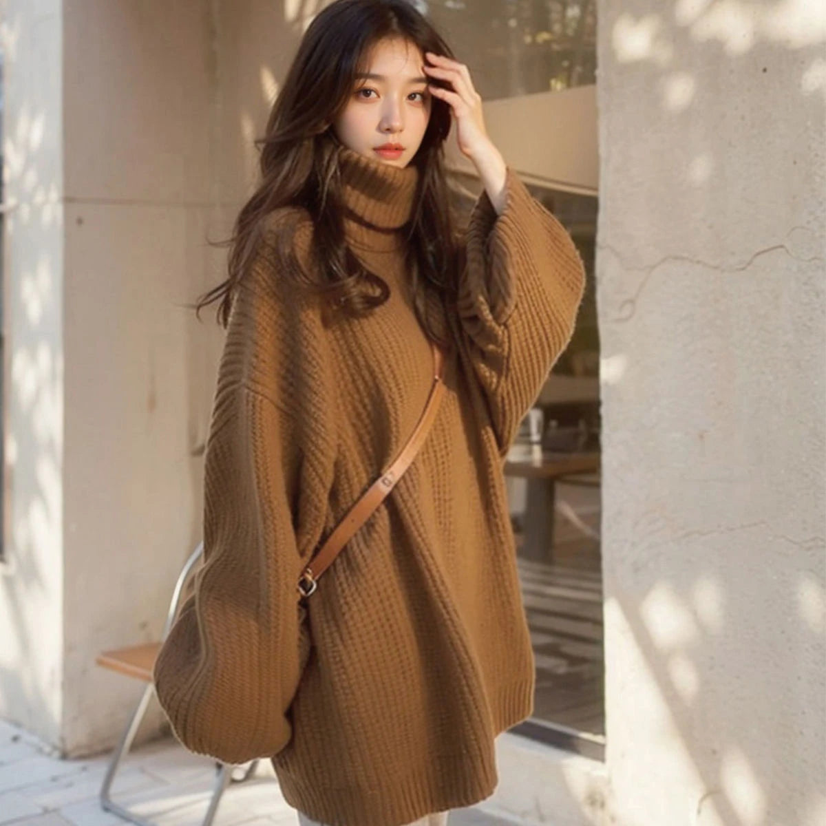 Hnewly  Oversized Turtleneck Sweater Women Loose Plain Rolled Neck Jumper Knit Pullovers Loose Soft Knitwear Autumn Winter Outfit