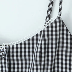 Lunivop  Sexy Gingham Plaid Spliced Lace O neck Mini Sling Dress Women Open Through Buttons Low Waist Swing A line one-piece Dresses