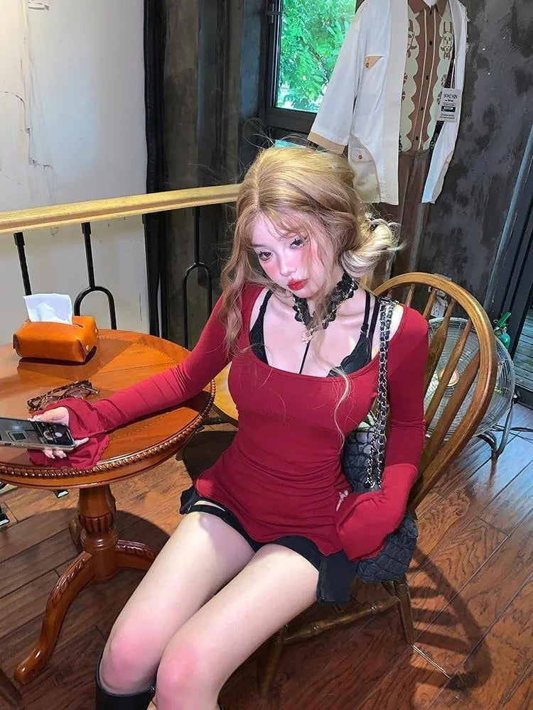 Hnewly spring birthday outfit Fashion Vintage Halter Sexy Lace Black Vest+ Y2k Slim Fit Long Sleeve Red Tops Women 2025 Early Autum New Two Piece Sets