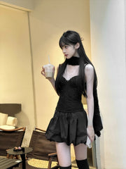 Hnewly Sexy Black 2 Piece Skirts Set Women Vintage Harajuku Patchwork Y2k Crop Top + Casual Streetwear Bodycon Skirt 2000s Vintage Suit