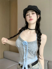 Hnewly  Sweet Vintage 3D Rose Halter Patchwork Camisole Vest+ Irregular Hollow Out Long Sleeve Cardigan Spring New Two Piece Sets