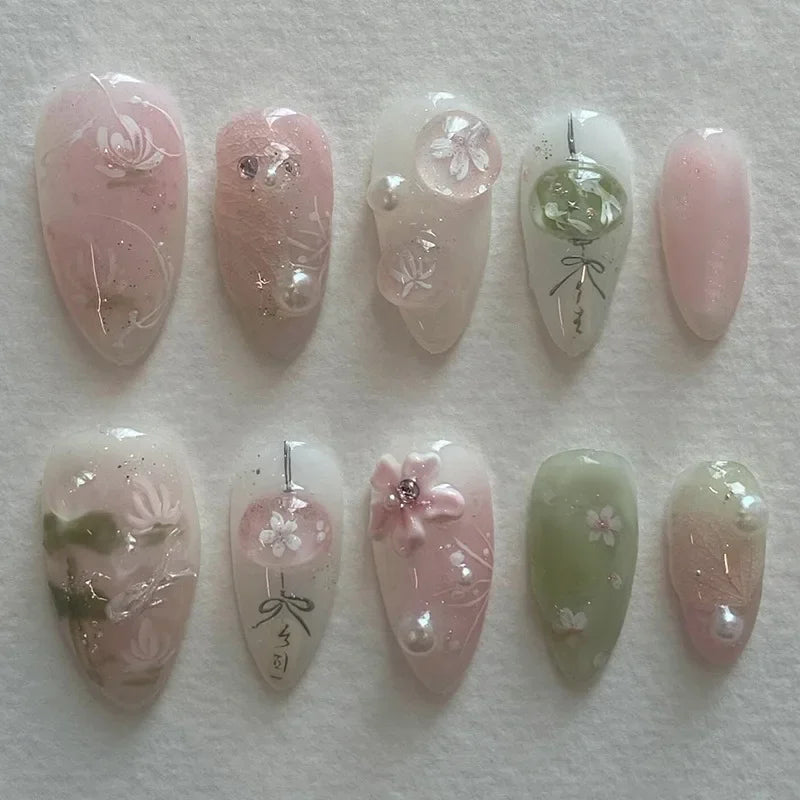 Hnewly 24pcs Detachable Flower Almond bowknot French False Nails Stars Love Glitter Design Press on Nails Fake Nials DIY Manicure Nails