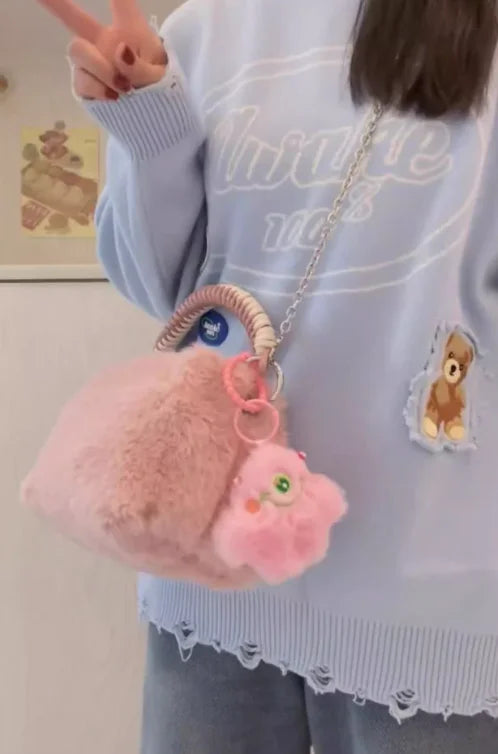 Hnewly  Japanese Sweet Cute Plush Handbag Women Soft Elegant Multi Function Shoulder Bag Ladies Small Capacity Casual Crossbody Bag Chic
