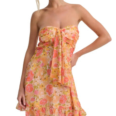 Lunivop  Ruched Chest Floral Print Strapless Mini Chiffon Dress Women Ruffles Hem Elastic Bandage Backless Holiday Dresses Robe